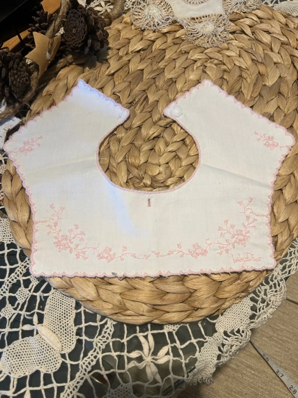 Vintage Handmade White Baby Bib with Pink Embroidery